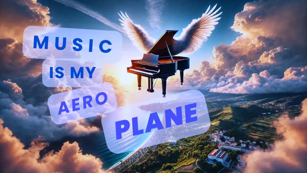 Featured image for piano blog marbella article. - Grand Piano with angel wings, flying through clouds.