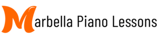 Marbella Piano Lessons logo with an orange M and black text on a white background