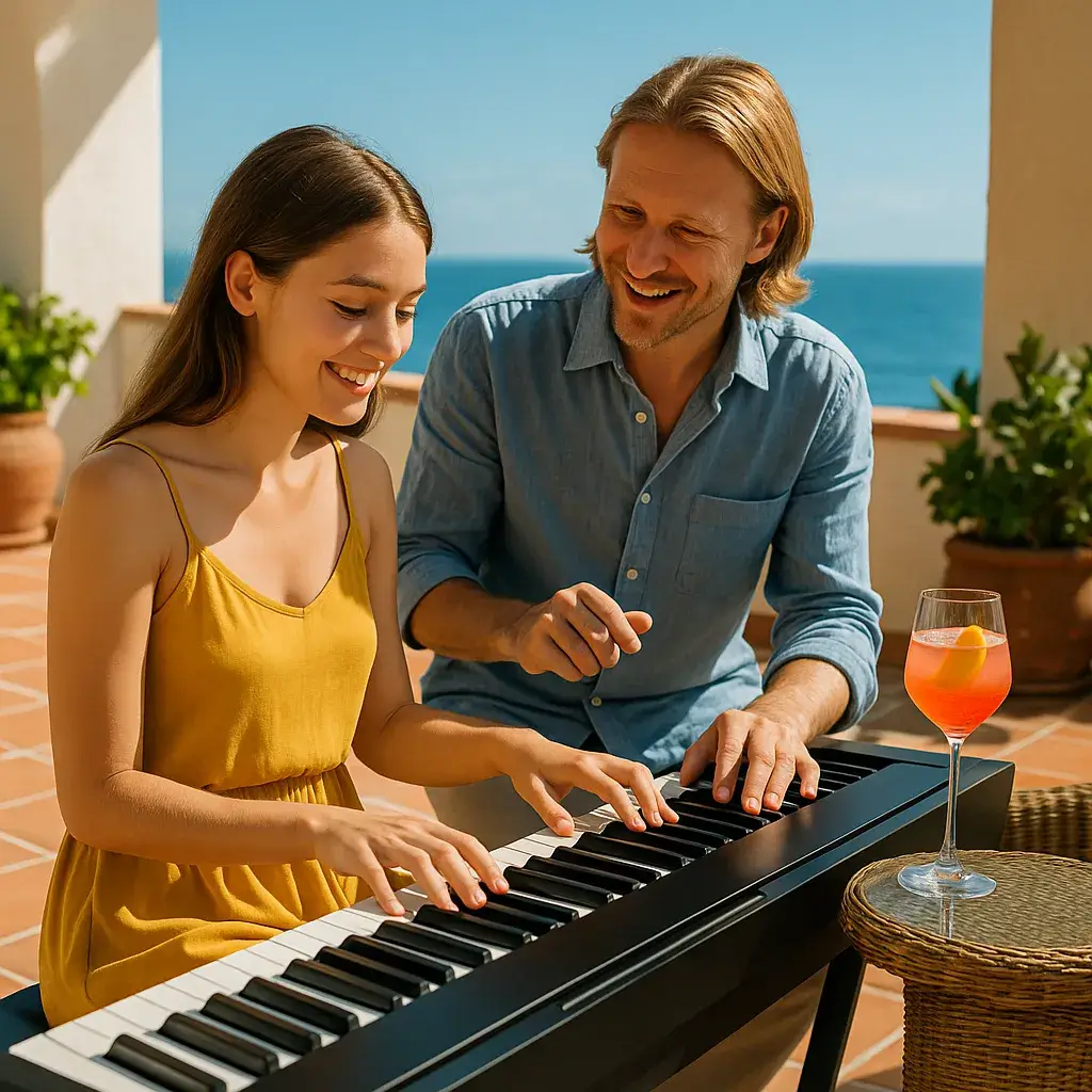 Young woman taking piano lessons on a sunny terrace in Marbella with ocean view and cocktail beside her, showcasing Summer Piano Lessons Marbella.