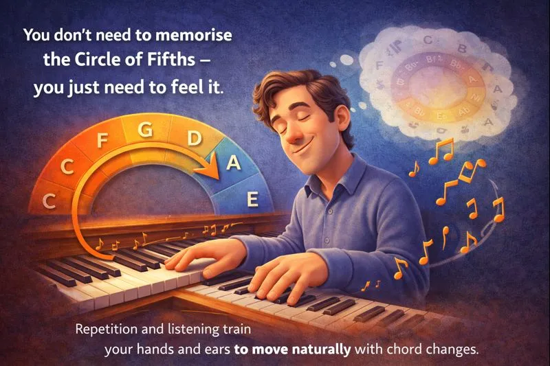 pianist developing muscle memory and ear training instead of memorising the circle of fifths