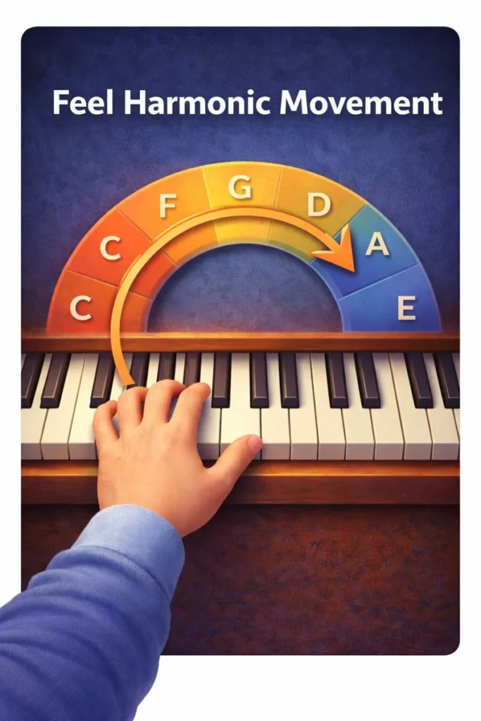 left hand piano exercise showing harmonic movement using the circle of fifths