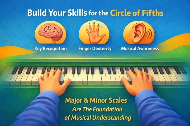circle of fifths piano improvisation supported by major scale practice at the keyboard