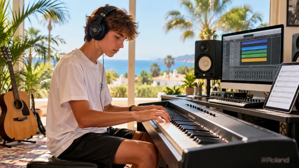 Teenage student taking summer holiday piano lessons Marbella in a bright studio
