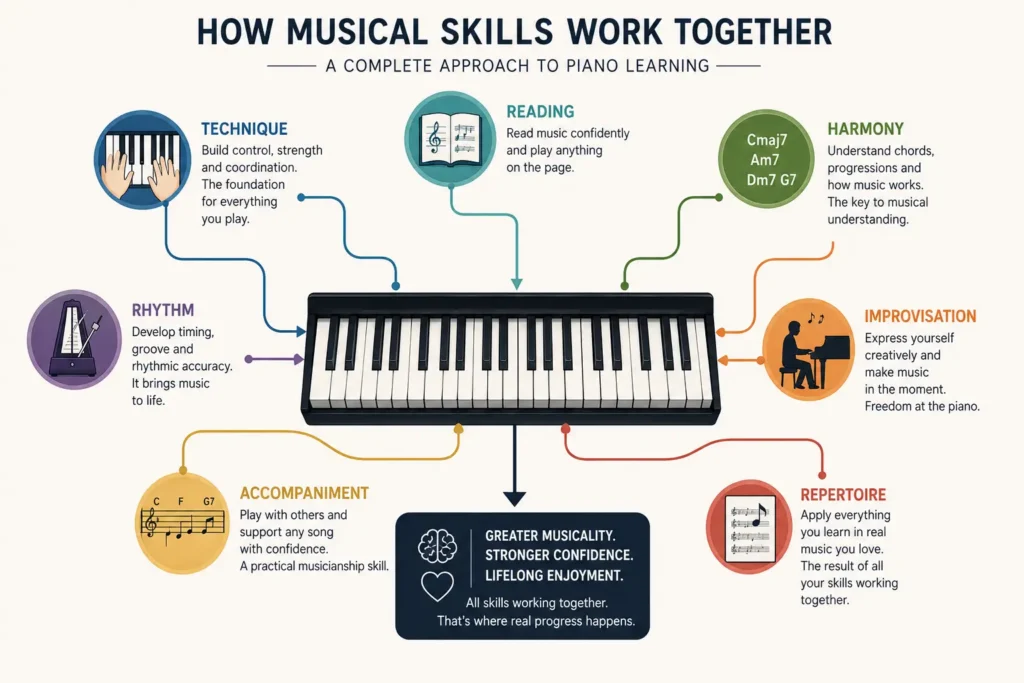 Adult pianist developing technique, rhythm, improvisation and repertoire at the piano
