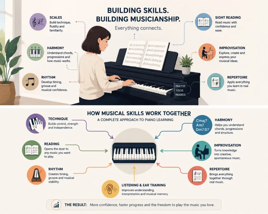 Adult piano student practising scales, sight reading and harmony during structured piano lessons